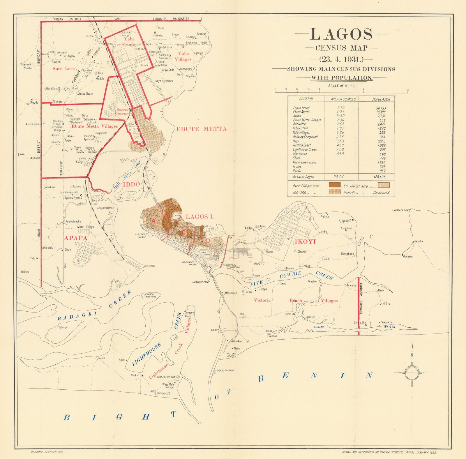 LAGOS CITY PLAN. 1931 Census map main divisions population. Nigeria 1936